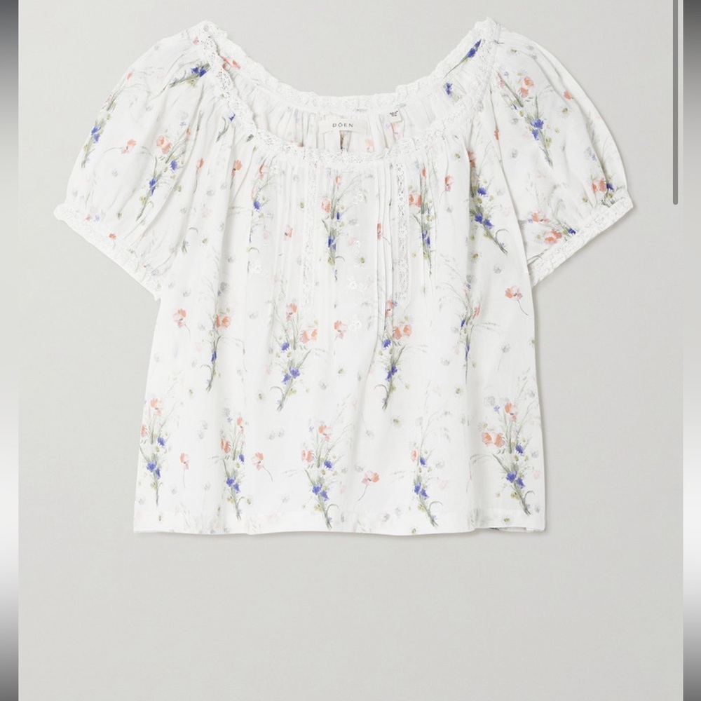 Doen Frederica lace-trimmed floral-print pintucked organic cotton-voile blouse